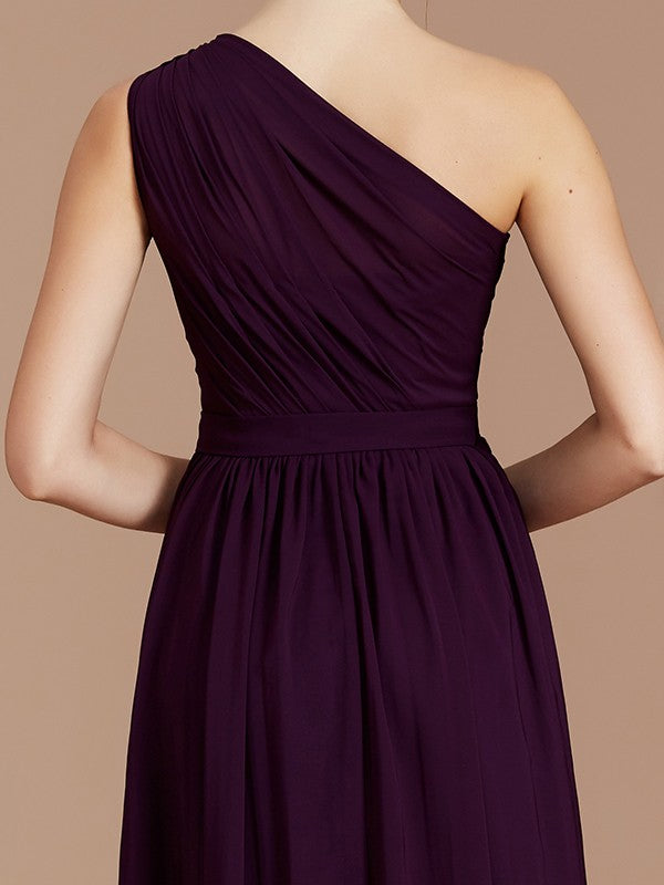 Wholesale A-Line/Princess One-Shoulder Sleeveless Ruched Floor-Length Chiffon Bridesmaid Dresses
